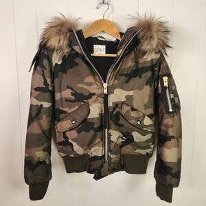 SAM. Green Camo Bomber Insulated Jacket Racoon Fur Trim Size XS Winter Coat